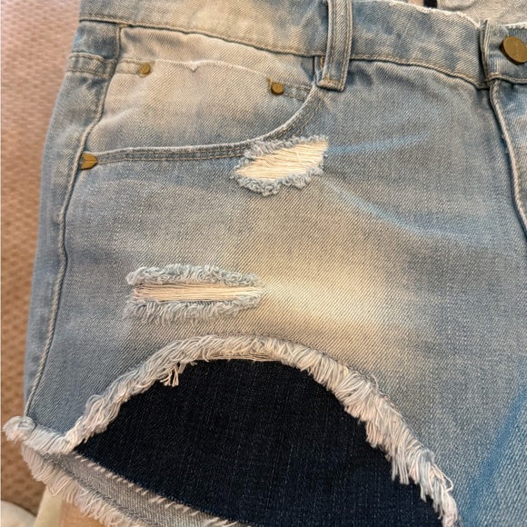 Blue Distressed Jean Shorts with Frayed Hem - Picture 4 of 9